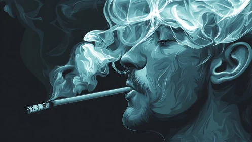 Smoky male profile merges with swirling cyan vapors.
