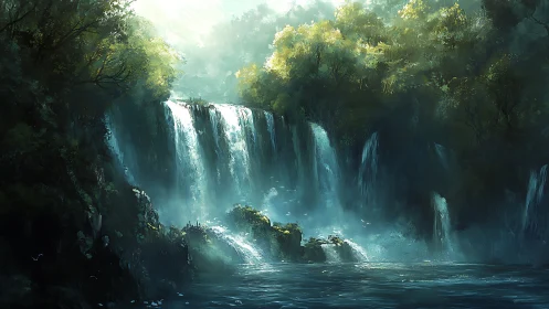 Diffuse backlit waterfall cascade in misty forest basin