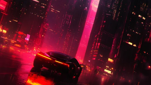Futuristic sports car cuts through neon city rain at dusk