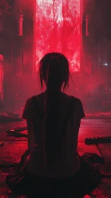 Silhouetted figure seated before large red illuminated portal.