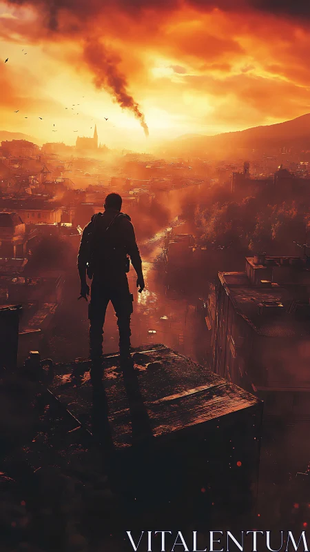 Silhouetted figure surveys dense city under smoke-filled sky