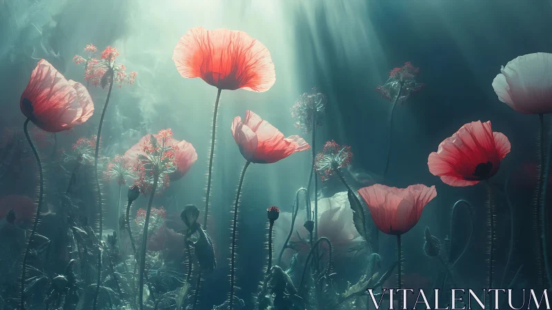 Poppies Dance Through Ethereal Mist and Verdant Beams