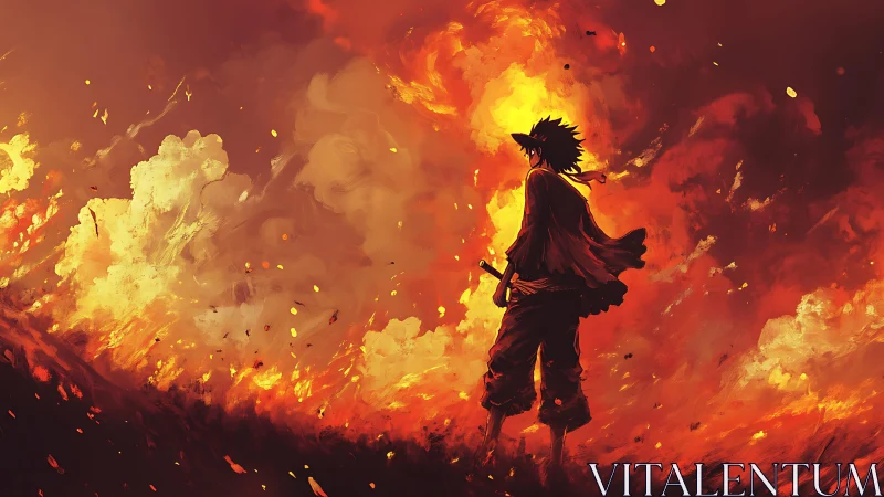 Inferno's Defiant Silhouette: Warrior Amid Celestial Flames.