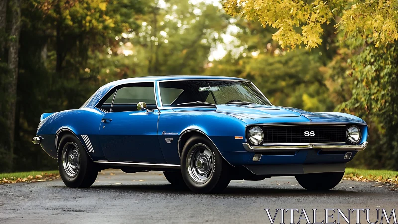 Classic blue muscle car gleams against a lush autumn backdrop