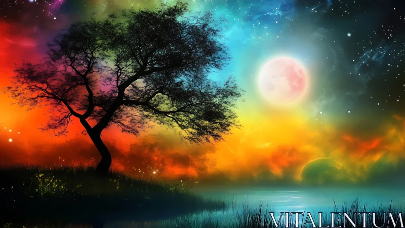 Chromatic lunar shoreline with silhouetted arboreal geometry.