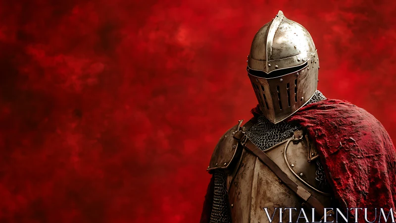 Lone steel knight wrapped in weathered crimson courage.