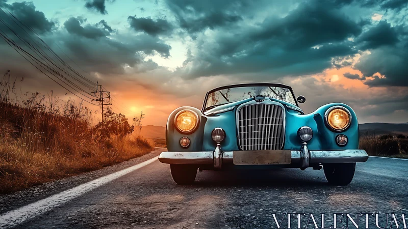 Classic teal roadster framed by dramatic sunset highway.