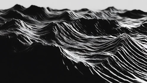 Monochrome digital seascape with sculpted metallic waves.