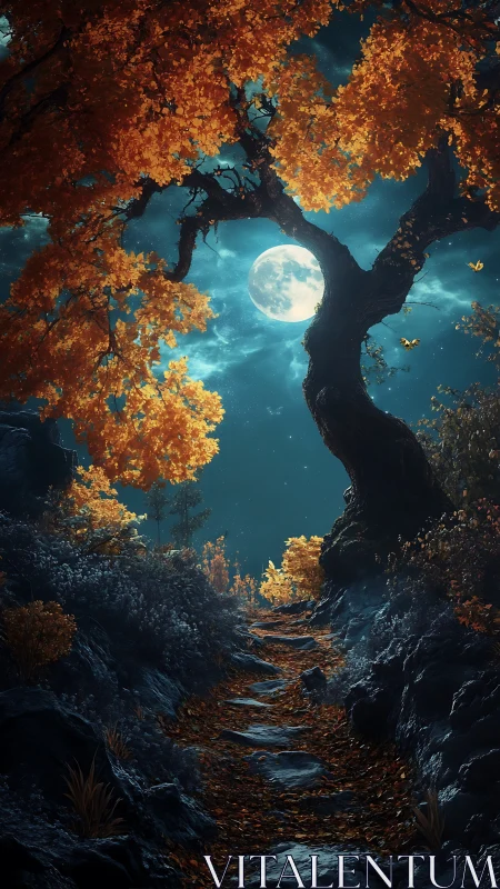Moonlit forest trail curves beneath glowing autumn canopy.