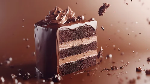 Decadent chocolate cake slice with frosting drip