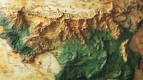 Tactile relief map renders mountainous terrain with shaded hypsometry