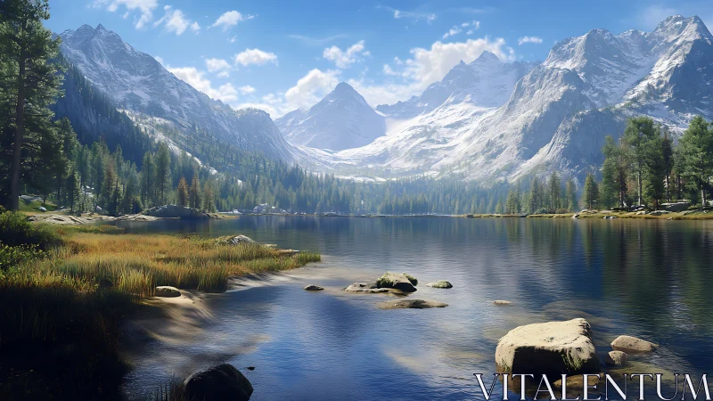 Snowcapped mountain lake reflects pines under clear sky