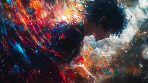 Side profile of figure dissolving into abstract energy field.