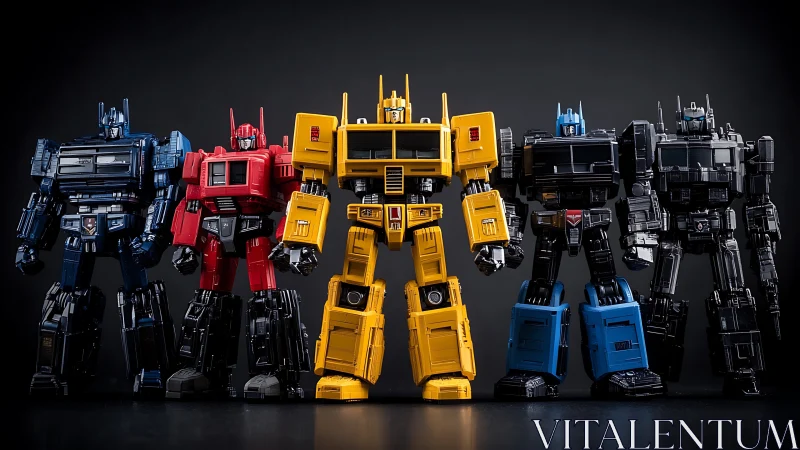 Five articulated robot figures stand aligned against dark backdrop