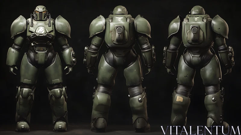 Battleworn olive exosuit lineup in stoic triple stance.
