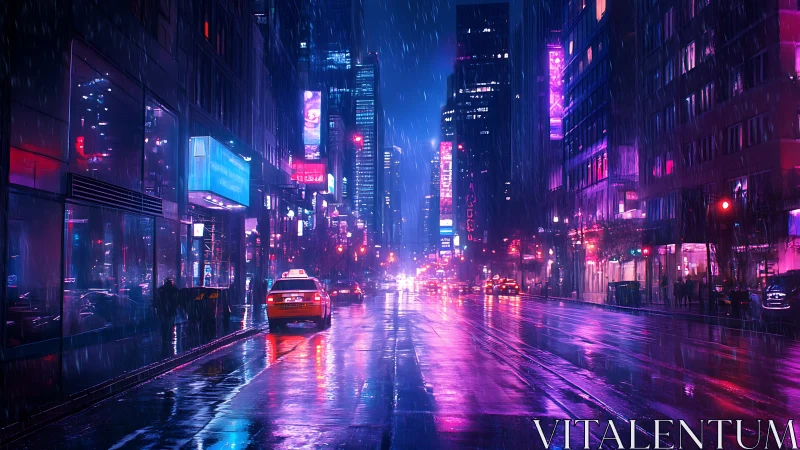 Rainy neon city street with taxi and wet reflections.