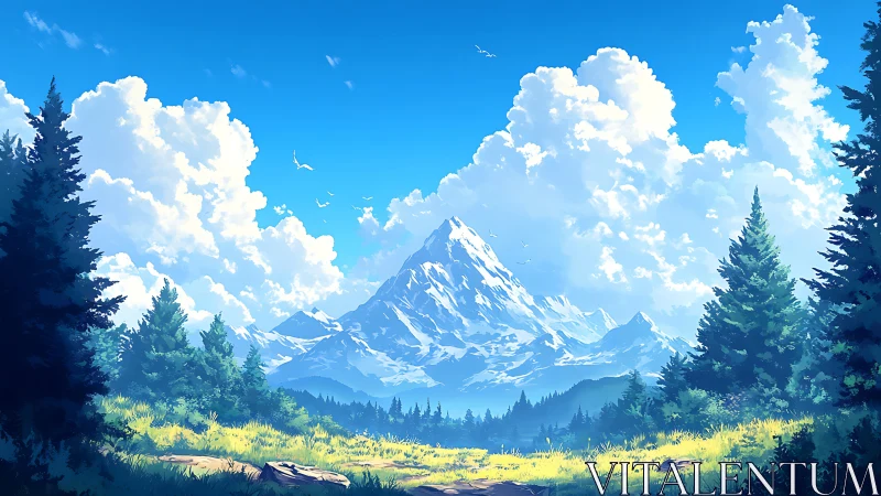 Sunlit valley beneath bright clouds and quiet blue peaks.