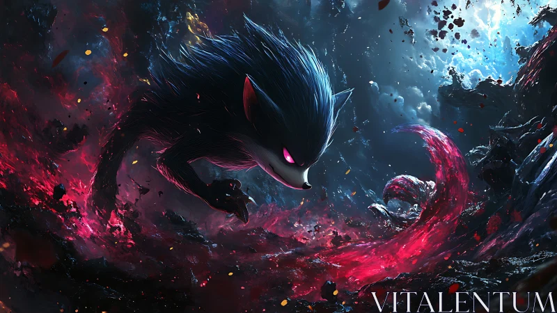 Shadowy cosmic hedgehog races through swirling red energy