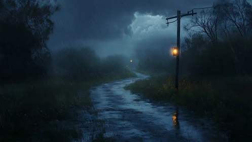 Lonely lamppost glows over rainy rural road at night.