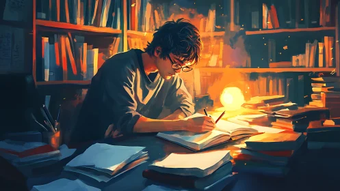 Intense late night study session in warm library lamplight