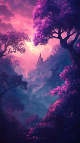 Luminescent Fantasy Cathedral: Magenta Flora Architecture Rendered Digital Matte