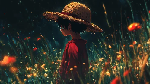 Straw-hatted youth in bioluminescent meadow at dusk.