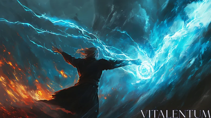 Storm mage unleashes blue lightning against burning sky.