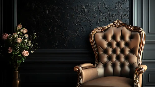 Baroque leather armchair in dark floral paneled interior.