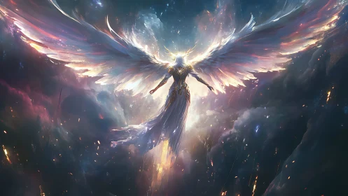 Luminous celestial seraph ascending through iridescent nebula