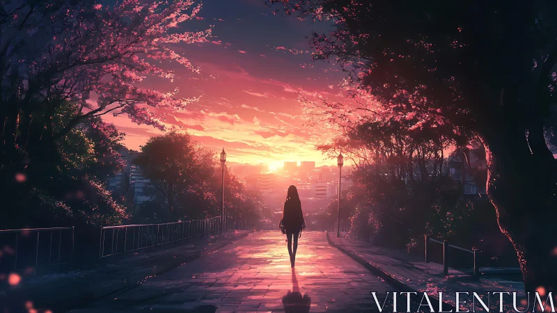 Backlit figure walks cherry-lined path under saturated sunset sky