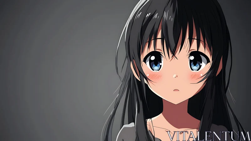 Shy anime girl portrait with glossy eyes on dark background