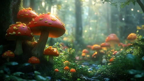 Dense forest floor shows clustered orange mushrooms in focus