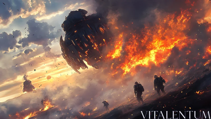 Futuristic soldiers advance beneath burning alien warship.