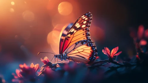 Butterfly on small flowers under warm defocused lighting.