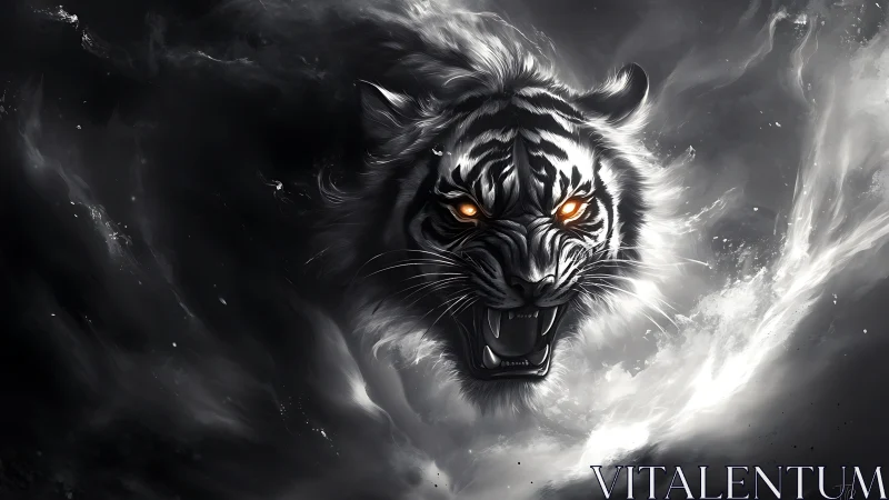 Stormborne phantom tiger roars through swirling starlit smoke.