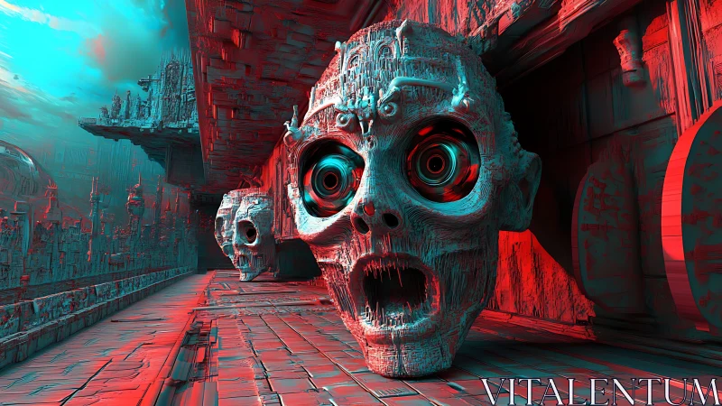 Cybernetic skull monoliths in red cyan anaglyph corridor