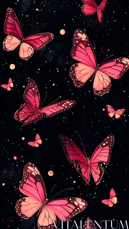 Pink butterflies drift across starry black night sky