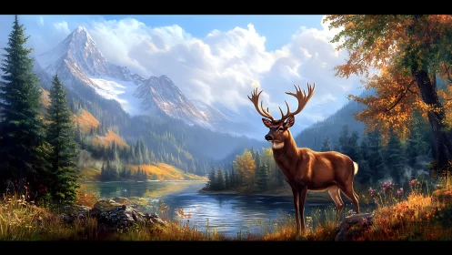 Stag stands by mountain lake in bright autumn light.