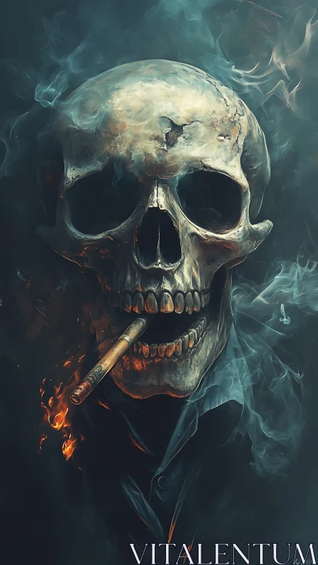 Smoking skull gentleman wrapped in ghostlit embers and haze.