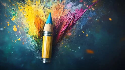 Macro view of sharpened pencil amid dynamic paint explosion