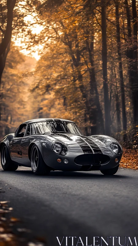 Silver outlaw coupe gliding through golden autumn hush.