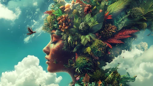 Surreal botanical goddess portrait in skybound profile.