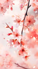Cherry Blossom Branch with Pink Blossoms and Brown Stem
