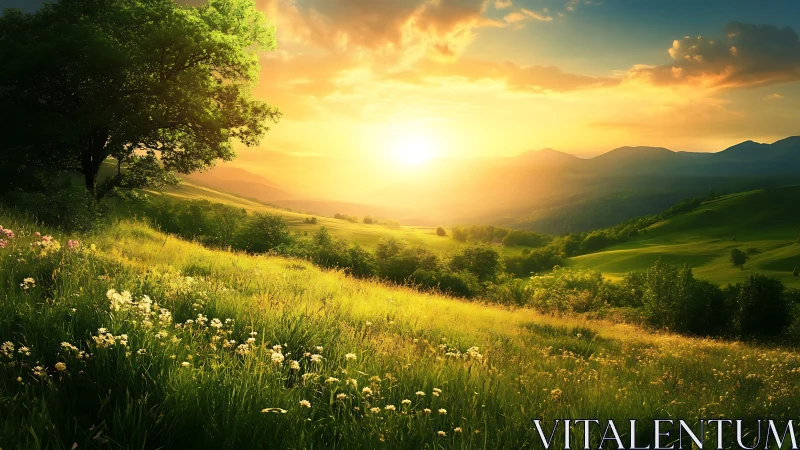 Radiant low-sun illumination over wildflower valley gradient.