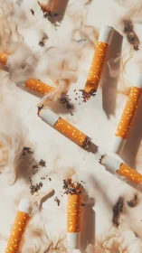 Swirling smoke surrounds scattered cigarette butts in warm light