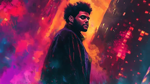 Male figure in neon cityscape digital portrait at night.