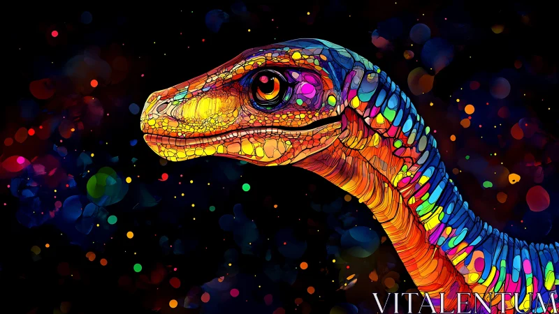 Prismatic dinosaur portrait glowing in cosmic neon night.