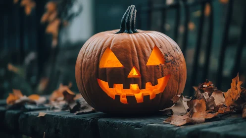 Glowing jack o lantern on stone ledge with autumn leaves.