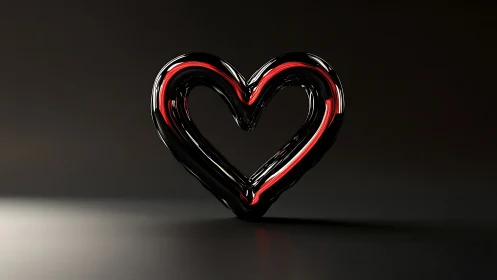 Neon red heart shape with black shadow on dark background