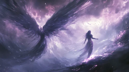 Winged dark figure and robed silhouette in violet storm sky.